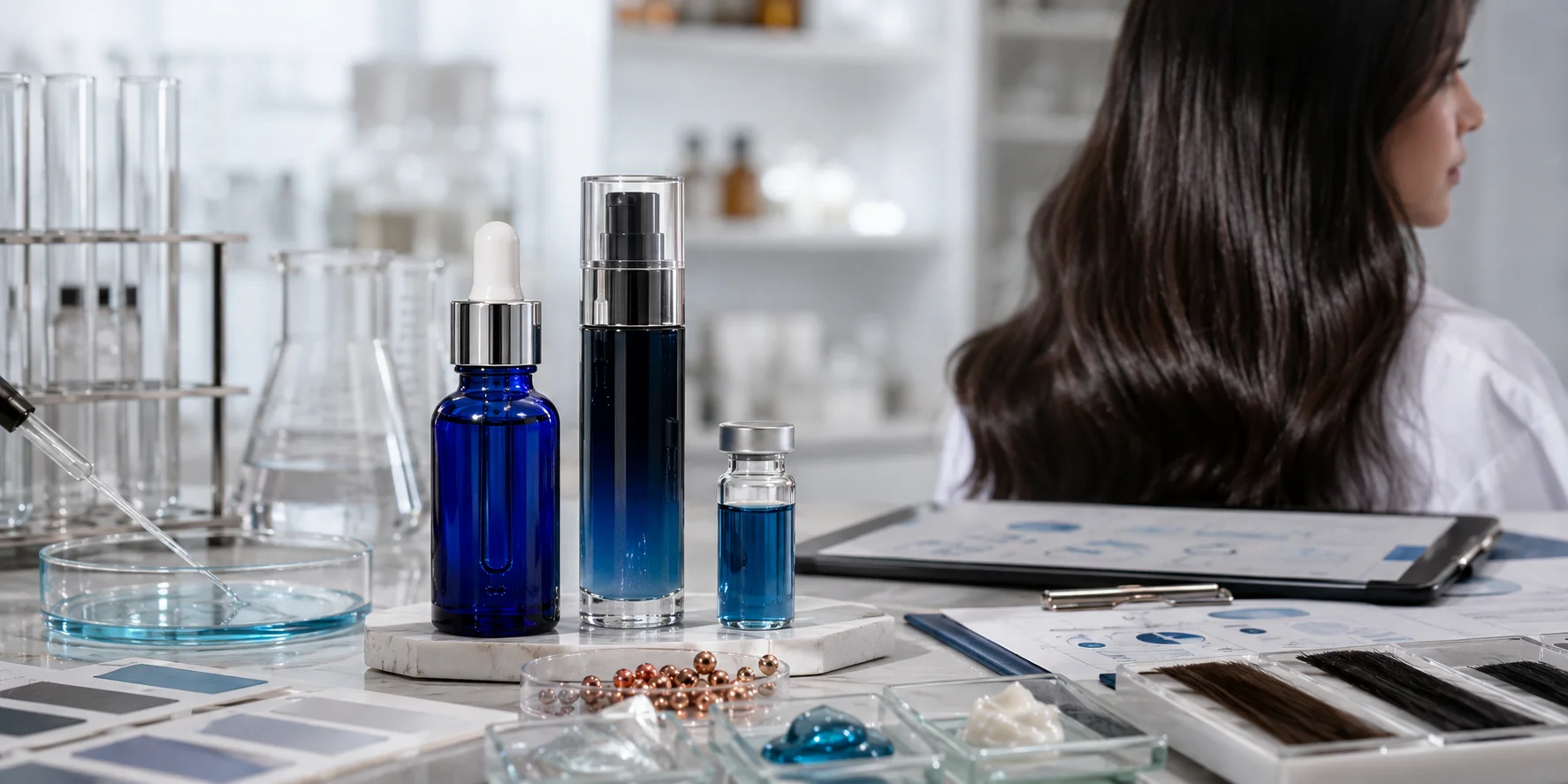 Close-up of blue cosmetic product bottles, laboratory glassware, and research samples on a lab desk with a person in the background.